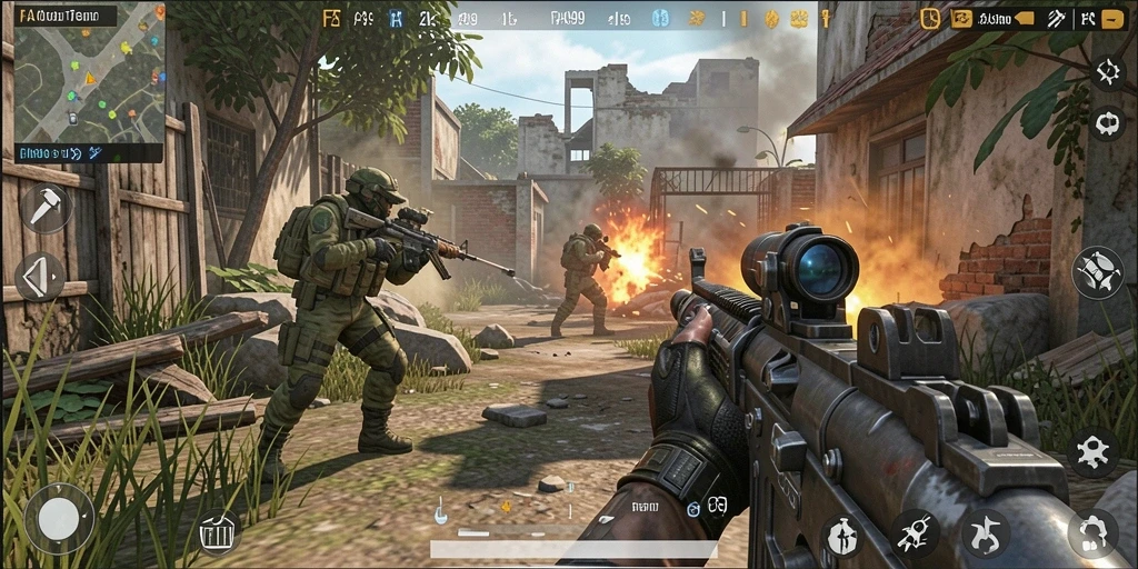 Screenshot utama menunjukkan intensitas pertempuran dalam game FPS.