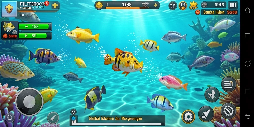 Tampilan gameplay seru di FILTER303 dengan berbagai ikan untuk ditembak.