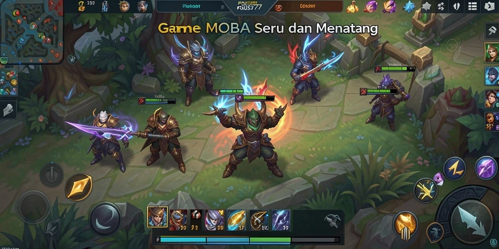 Screenshot utama FOKUS777 menampilkan aksi intens dalam pertempuran MOBA.