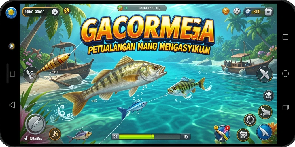 Screenshot utama GACORMEGA menampilkan keseruan gameplay memancing di lautan.