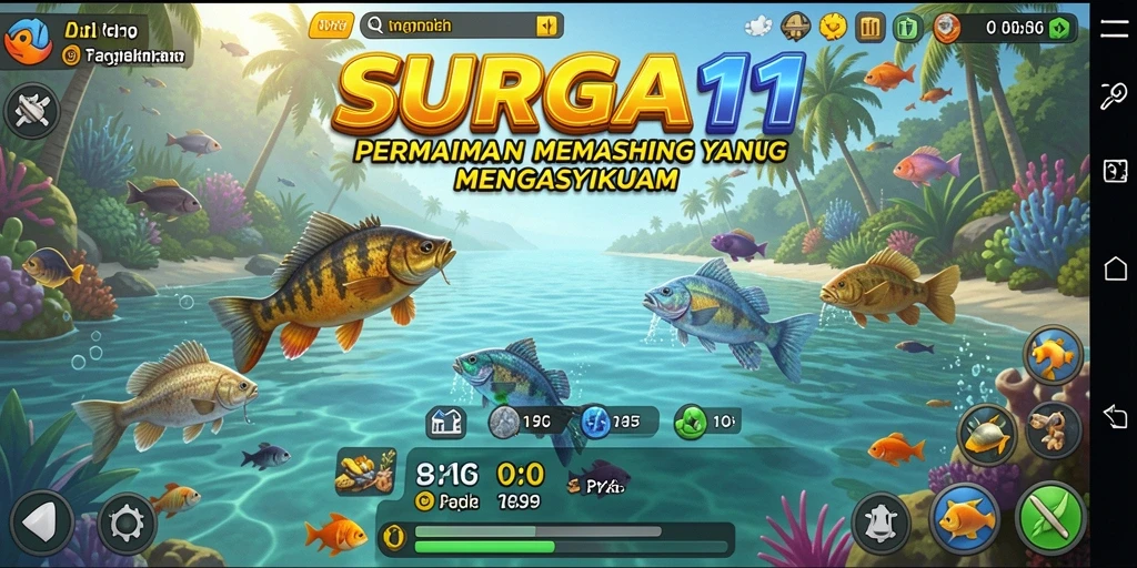 Tampilan gameplay SURGA11 yang menarik dengan berbagai jenis ikan untuk ditangkap.